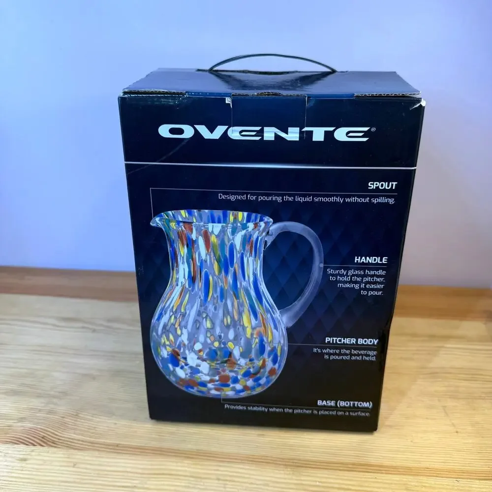 Ovente Confetti Margarita Glass Pitcher Multicolor Hand Blown Style 9.5
